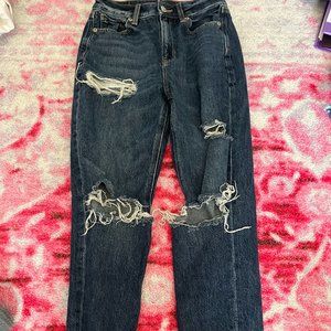 dark-wash high rise ripped mom jeans